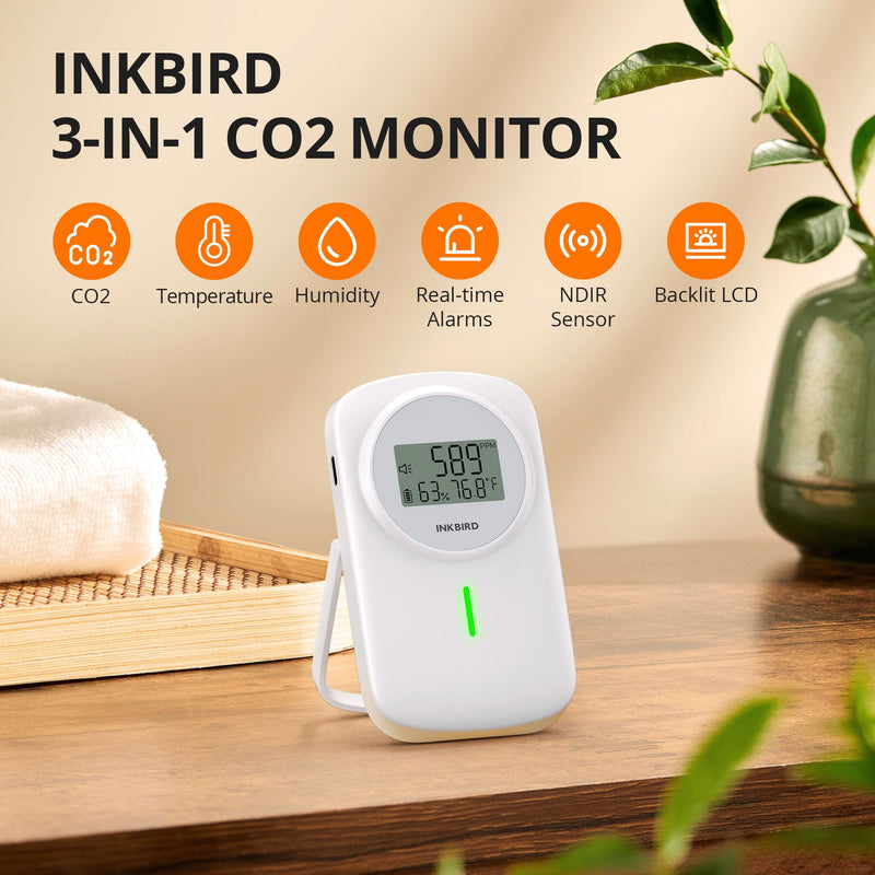 INKBIRD Air Quality Monitor Indoor Ndir 3 in 1 Meter | Detect Carbon Dioxide & Temperature & Humidity with Battery Powered | Sound System | for Home, Office, RV, Grow Tent (IAM-O2)