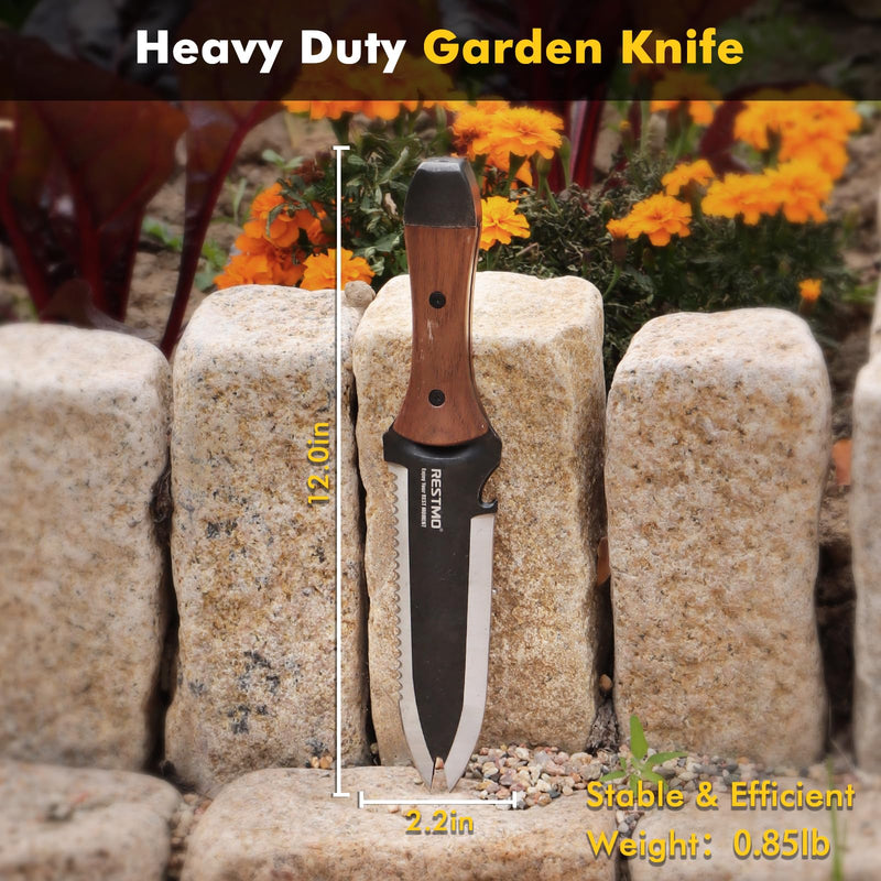 Restmo Professional Hori Hori Garden Knife with Sheath, Heavy Duty High-Strength Stainless Steel Blade & Dual-Tip Weeding Design, Full-Tang Construction with Depth Gauge for Gardening & Farm Use Double Head 2.2 Inch