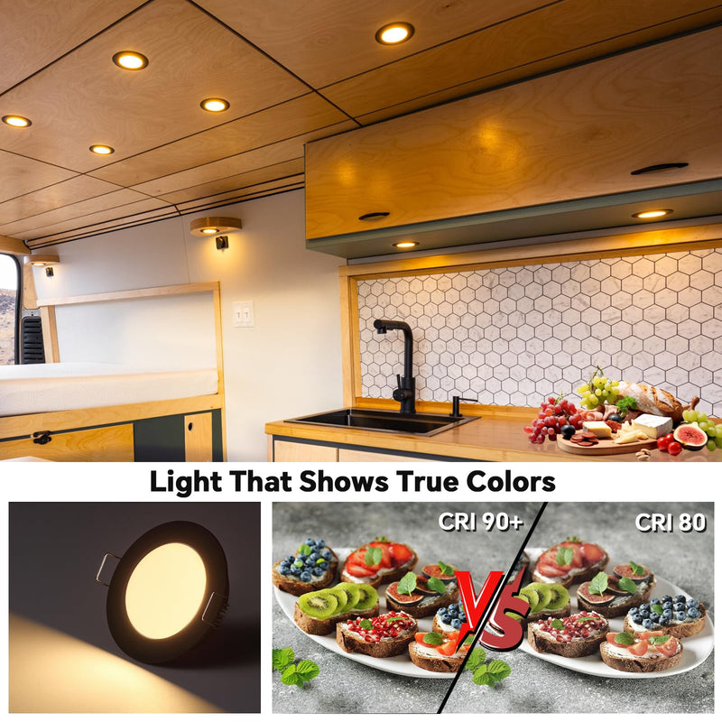 acegoo RV 2.75" Recessed LED Ceiling Light 12V Ultra-Thin Puck Light, Dimmable RV Lights Interior for Camper Van Truck Motorhome Boat Sailboat Roof Under Cabinet Lighting, 6 Pack (Black,Warm White) Black Finish Warm White