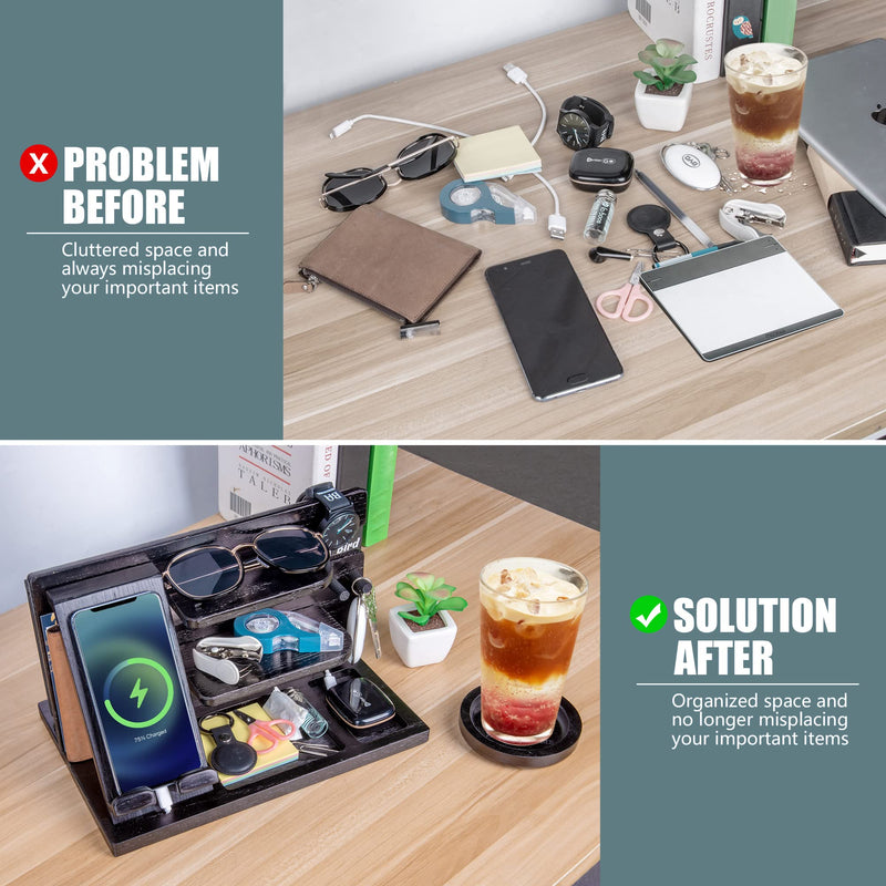Black Wood Phone Docking Station - Wood Charging Station Organizer Stand, Bedside Nightstand Organizer for Men and Women, Holds Phone, Tablet, Keys, Glasses, EDC and more Organizer Without Drawer Black