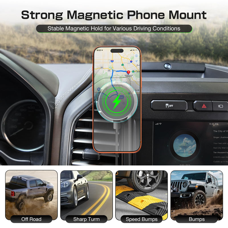 Magnetic Vent Phone Mount with 15W Fast Charging for Ford F-150 2015–2020, Super Duty 2017–2021, Expedition 2018–2021, Metal Magnetic Car Holder Suitable for Most Smartphones Black - Magnetic Charging