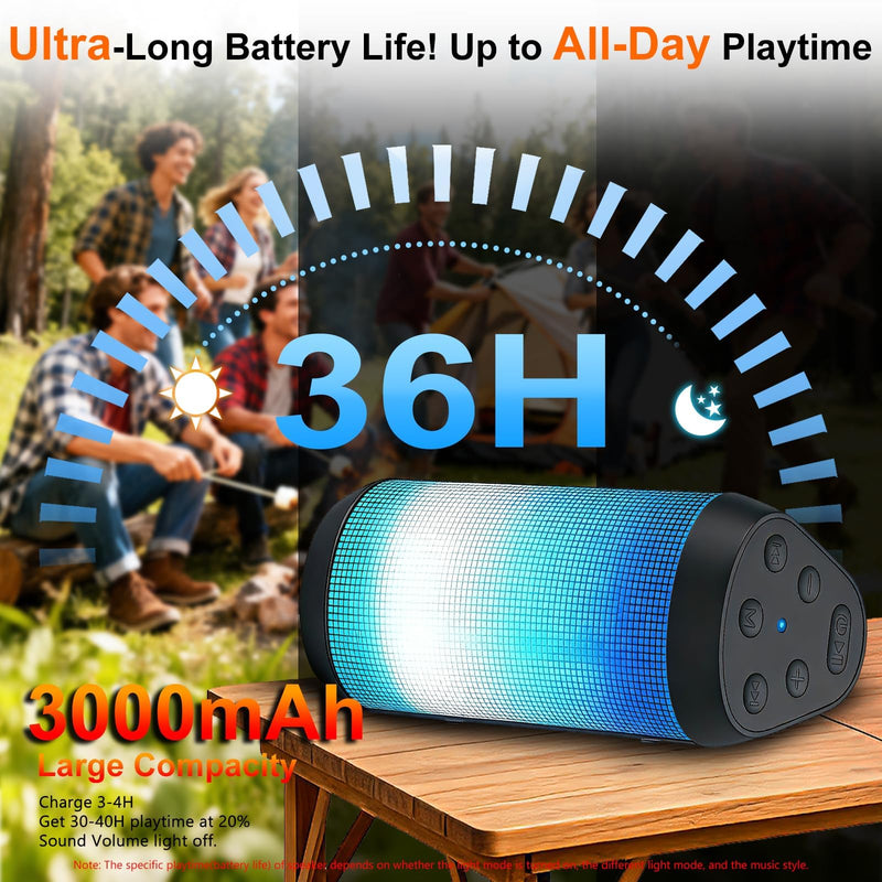 Portable Bluetooth Speaker, Powerful HD Stereo Loud/30H Playtime/IPX4 Waterproof for Outdoor Home/8 Dynamic Lights/Wireless BT 5.3/AUX, Travel|Camping|Beach Essentials, School Supplies, Birthday Gifts Black