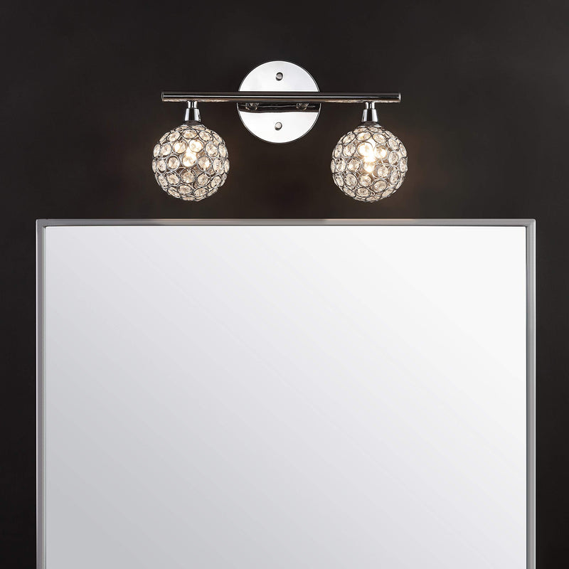 JONATHAN Y JYL7535A Maeve 13" 2-Light Iron/Glass Contemporary Glam LED Vanity Light Glam Transitional Art Deco 2700K LED 2W Bulbs Included Bathroom Hallway Living Room Bedroom Mirror Cabinet, Chrome 2 Bulb
