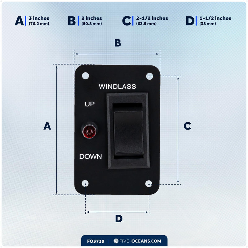 Five Oceans Rocker Boat Anchor Windlass Switch, Controlling Up/Down Function of Boat Anchor Windlasses, Waterproof, 12 Volts, SPDT 3-Terminal Switch, Stainless Steel Plate - FO3739 Rocker Switch - 1 Pack