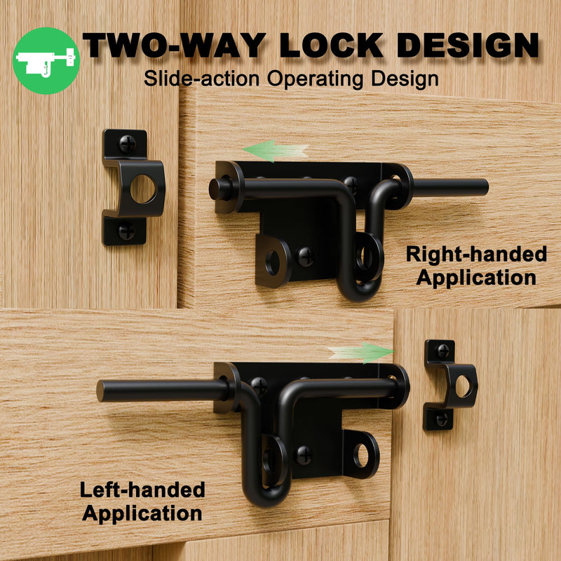 Heavy Duty Slide Bolt Gate Latch for Wooden Fence, 2 Way Barn Door Latch with Padlock Hole, Offset and Flush Mounted Gate Latch for Outdoor Gates/Yard Fence/Shed Door, Black, 3 Pack