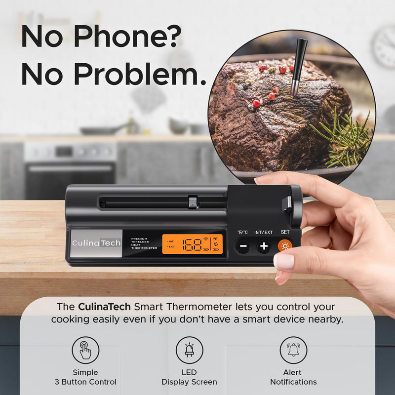 CulinaMeter One: 700FT Wireless Meat Thermometer with LCD Screen, Digital Cooking Food Thermometer for Beef Lamb Turkey, Dual Sensor Measures Internal & Ambient Temp 1 Probe Black