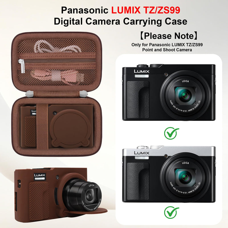 Elonbo Camera Case for Panasonic LUMIX ZS/ TZ99 Point and Shoot Camera, Panasonic LUMIX ZS/ TZ99 Digital Camera Hard Carrying Case + Soft Silicone Cover with Removable Lens Cover, Coffee color