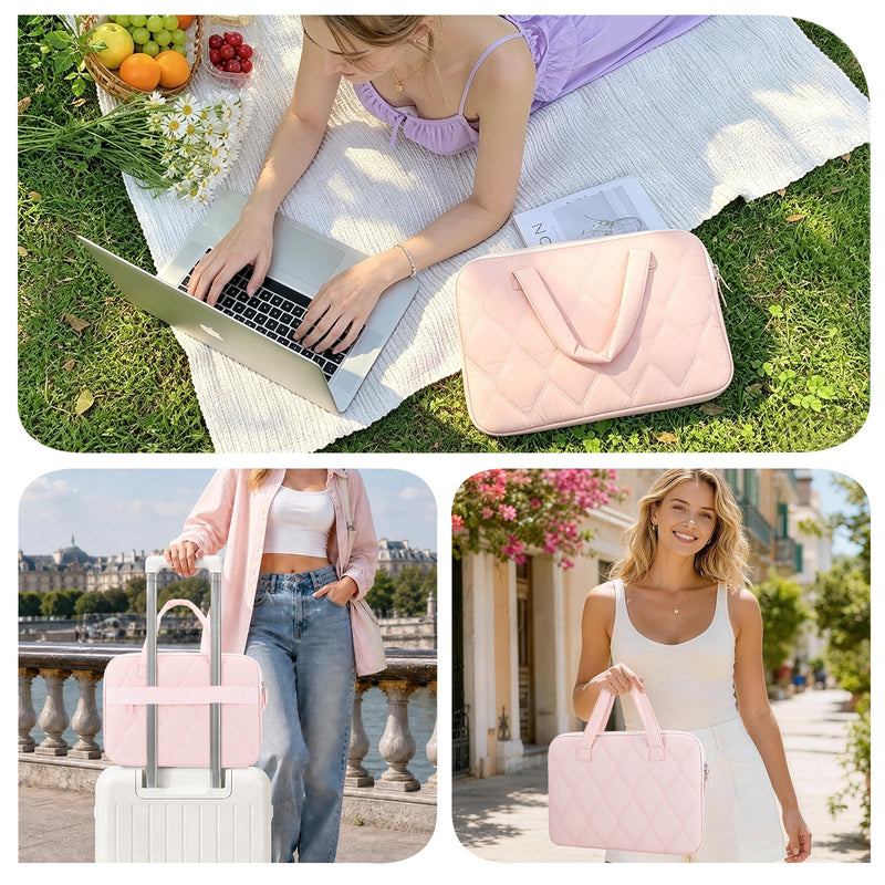 Fintie Sleeve Case for MacBook Neo A18 Pro, Air 13 Inch, Pro 13/14 Inch | Quilted Diamond Puffer Laptop Carrying Case with Luggage Strap, Pocket, Soft Handles, Blush Pink