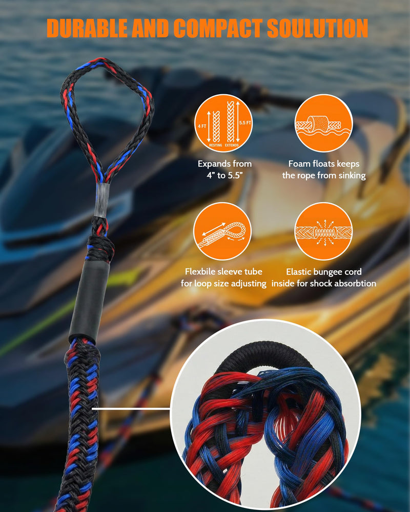 2Pack 4 Feet Bungee Dock Lines, Shock-Absorbing Elastic Marine Mooring Ropes/Tie Downs for Bass Boat, Jet Ski, Kayak, Fishing Pontoon, PWC Accessories, 2200LB Breaking Strength, Black, Gifts for Men Black and Blue 2 Pack 4 FT 2 Hoop End, 0 Clip End