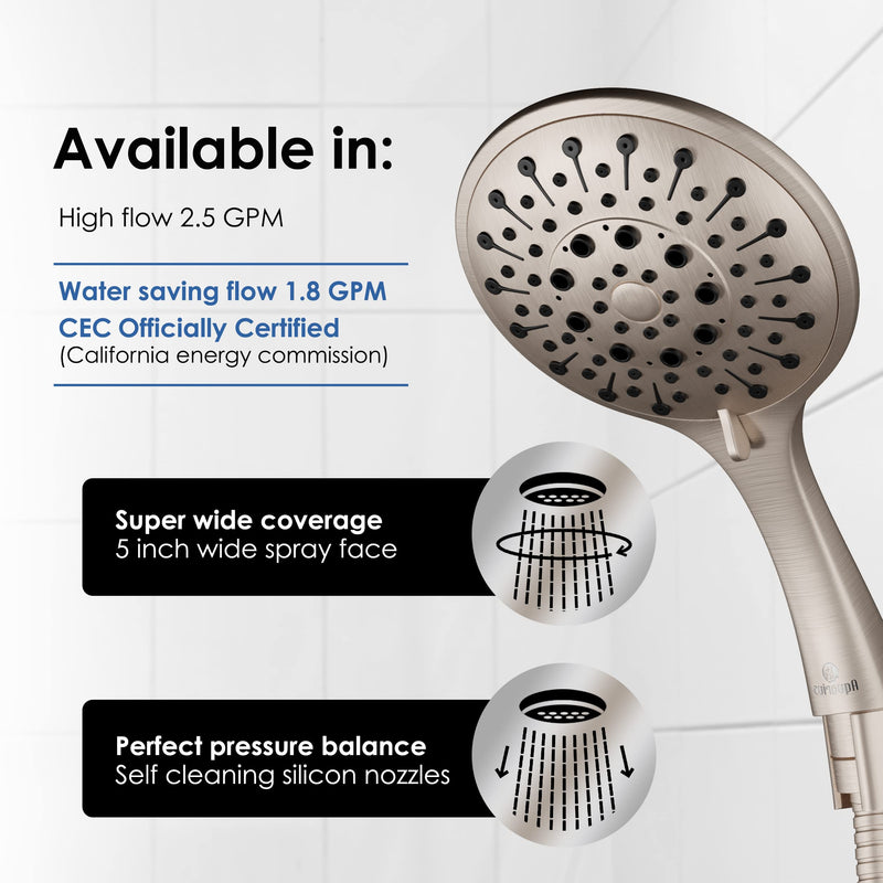Aquarius Handheld Brushed Nickel Shower Head With Hose (Extra Long) Luxury Spa Grade High Pressure Hand Held Showerhead With 6 Spray Settings - Adjustable Brass Ball Holder & Teflon Tape Standard 2.5 GPM