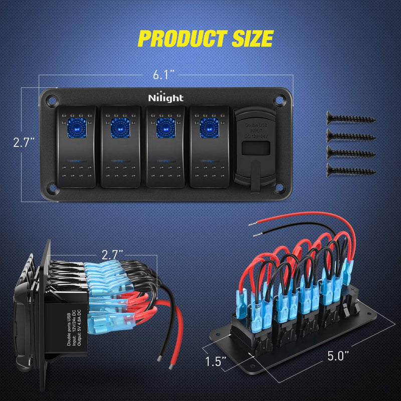 Nilight 4 Gang Rocker Switch Panel with 4.8 Amp Dual USB Charger Voltmeter Waterproof 12V 24V DC Night Glow Stickers for Car Trucks Boats RVs Blue