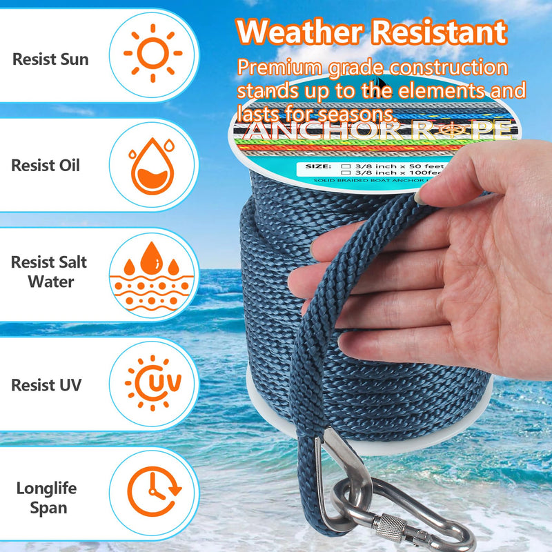 3/8 Inch 50 FT Anchor Rope, Boat Anchor Rope Solid Braid MFP, Anchor Line with 316 Stainless Steel Thimble and Snap Hook - Navy Blue 3/8inx50ft