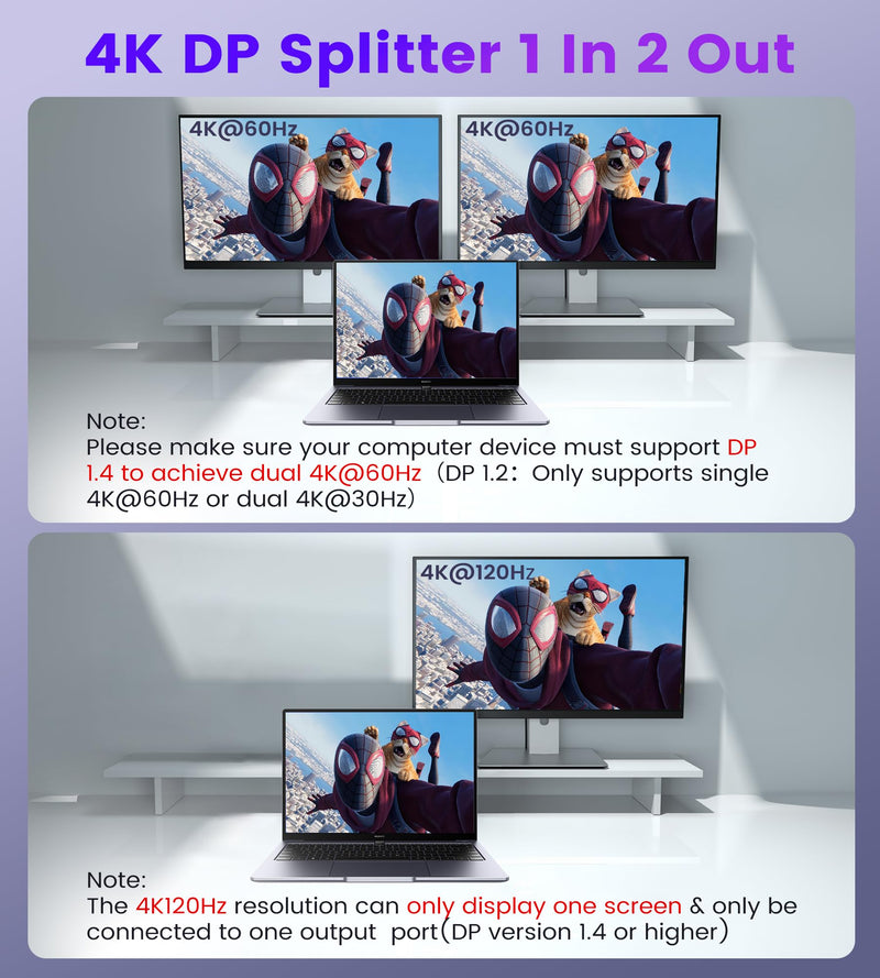 Display Port Splitter for Dual Monitors, Extended Display for Windows, Dual 4K@60Hz Displayport Splitter 1 in 2 Out, Single 4K@120Hz, DP 1.4 MST Hub Compatible with PC, Laptop, Graphics Card Gray