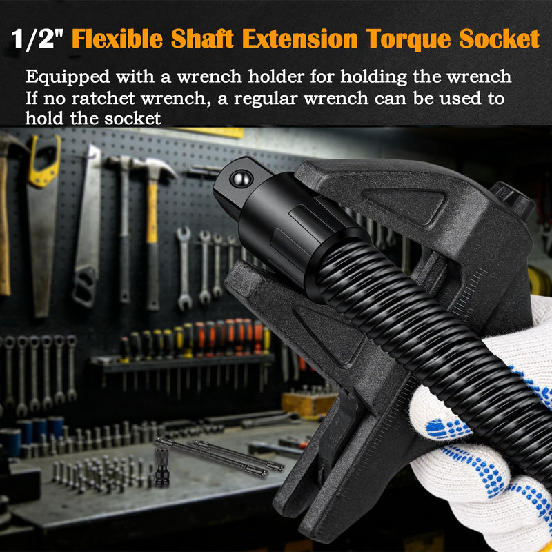 1/2" Drive Flexible Socket Extension Set, 10" & 14" Heavy Duty Flex Ratchet Extension Bar, Electric Ratchet Extender, Steel Torque Socket Extender for Engine Bays & Tight Spaces(4-Piece)