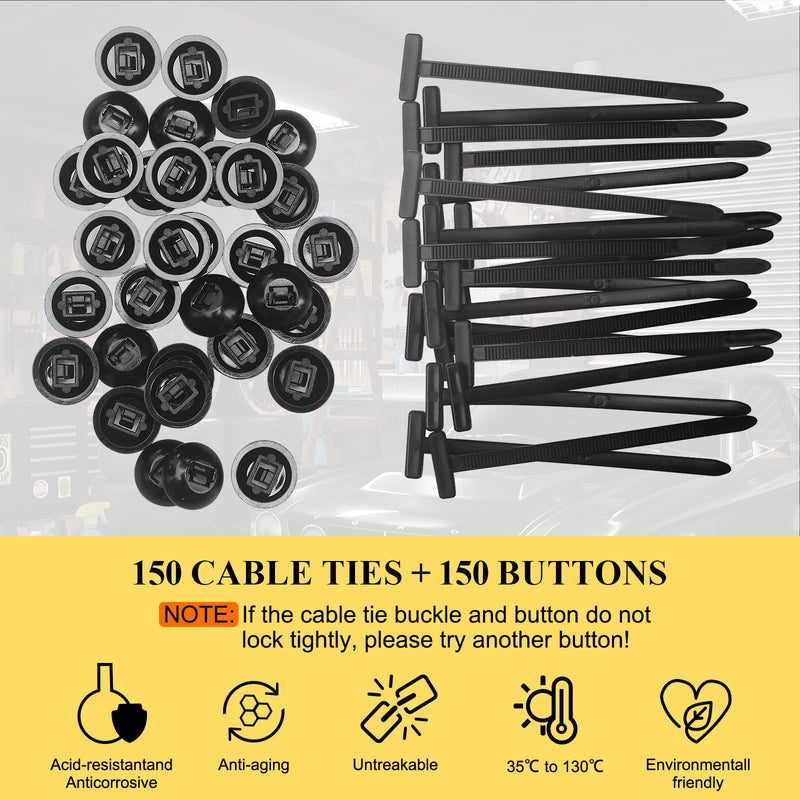 150PCS Nylon Universal Cable Tie Buckle for Car, Heavy Duty Plastic Rivet T Zip Ties Style, Grip Auto Zip Tie Buckles, Automotive Zipper Clips, Button Ziptie Bumper Retainer Fender Liner Fastener