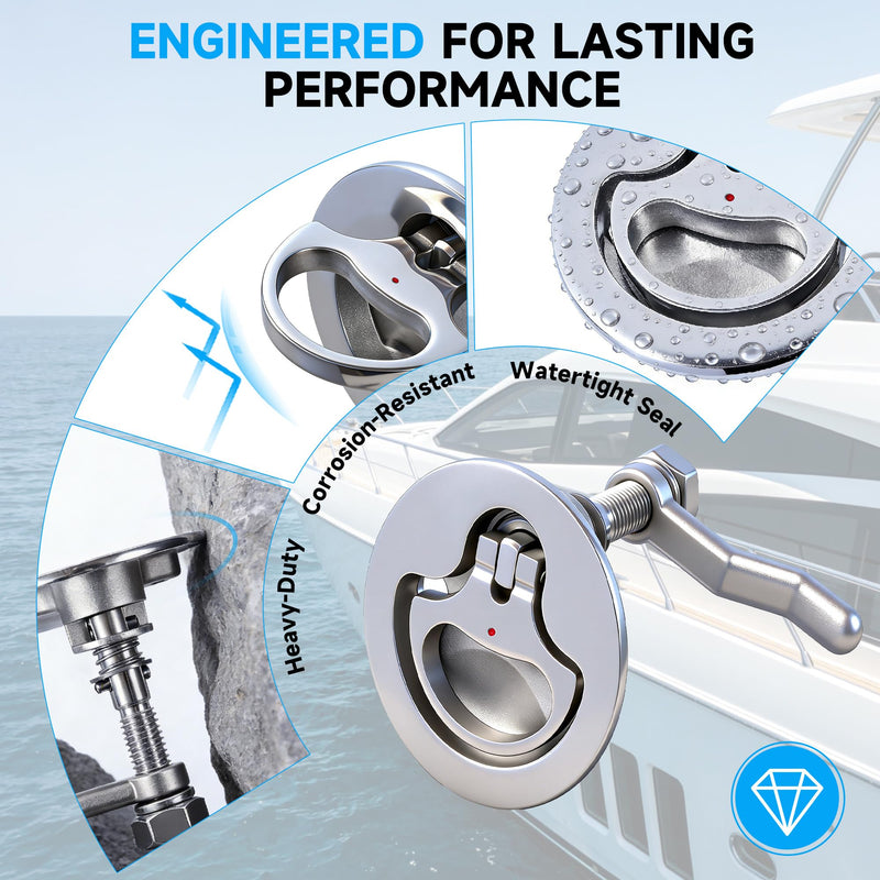 Boat Cam Latch, 316 Marine Stainless Steel Boat Hatch Latch with Back Plate, Flush Pull Handle Includes Installation Screws Marine Hatch Deck Hardware for Ships, Yachts, RVs Silver-2Pcs