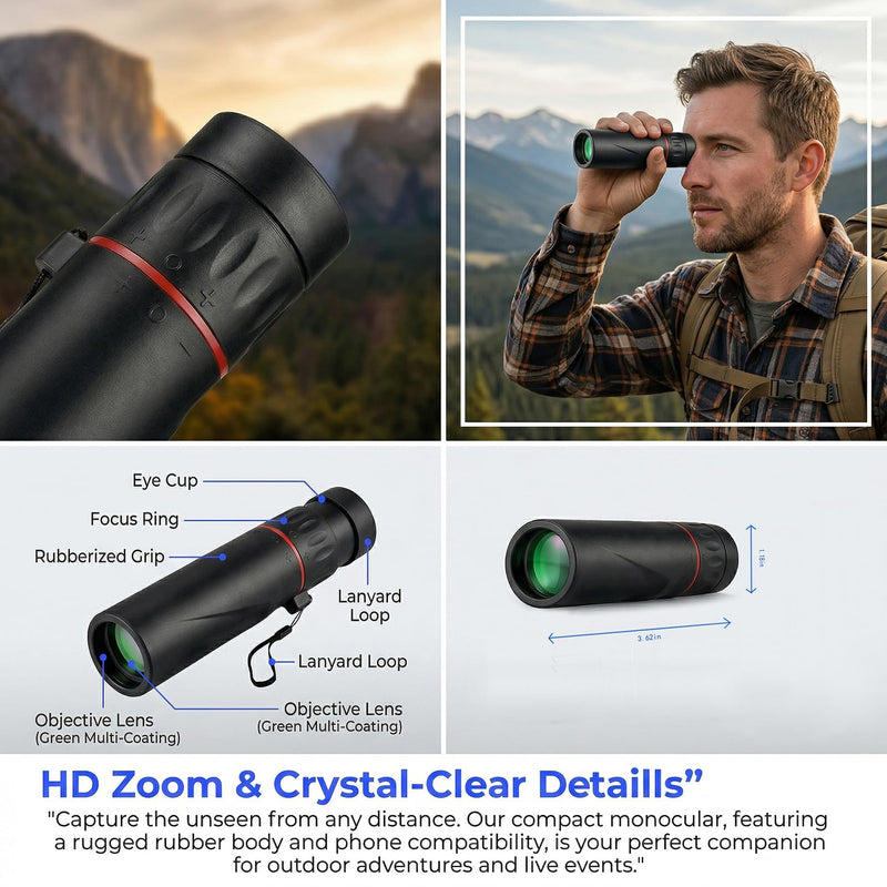 Mini Monocular Telescope – 2000x24 HD High Power for All Ages | Compact optics, for stargazing, hunting, hiking, wildlife & travel, good gift for outdoor enthusiasts, black