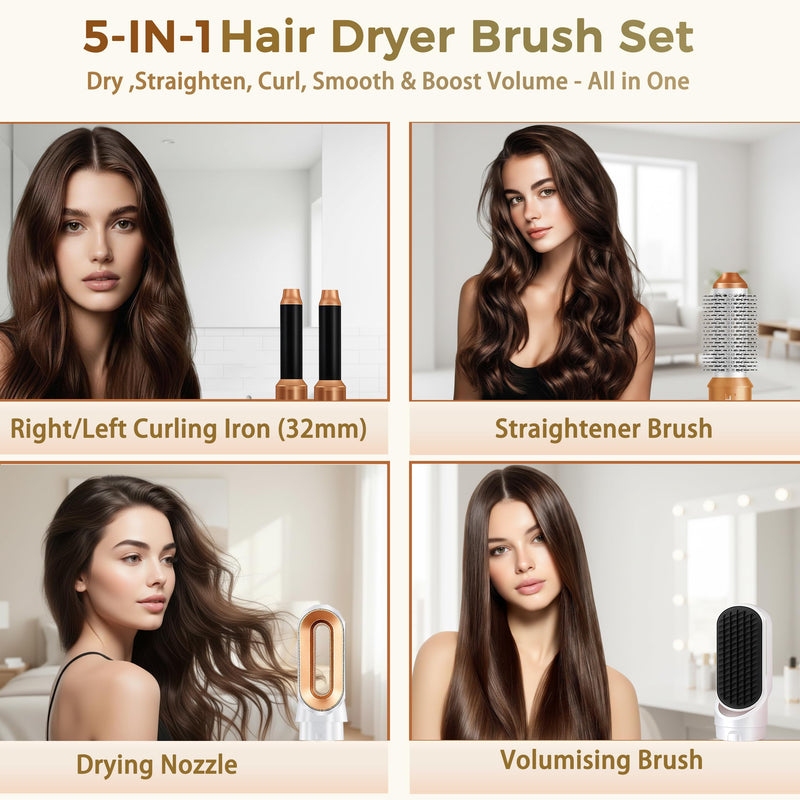 5 in 1 Hair Styler & Air Styler, Hair Dryer Brush, Hot Air Brush, Hair Brush Set with Detachable Curling Wand, Hair Curlers, Straightener Brush for Volumising & Styling for Women (A - Gold & White) A - Gold & White