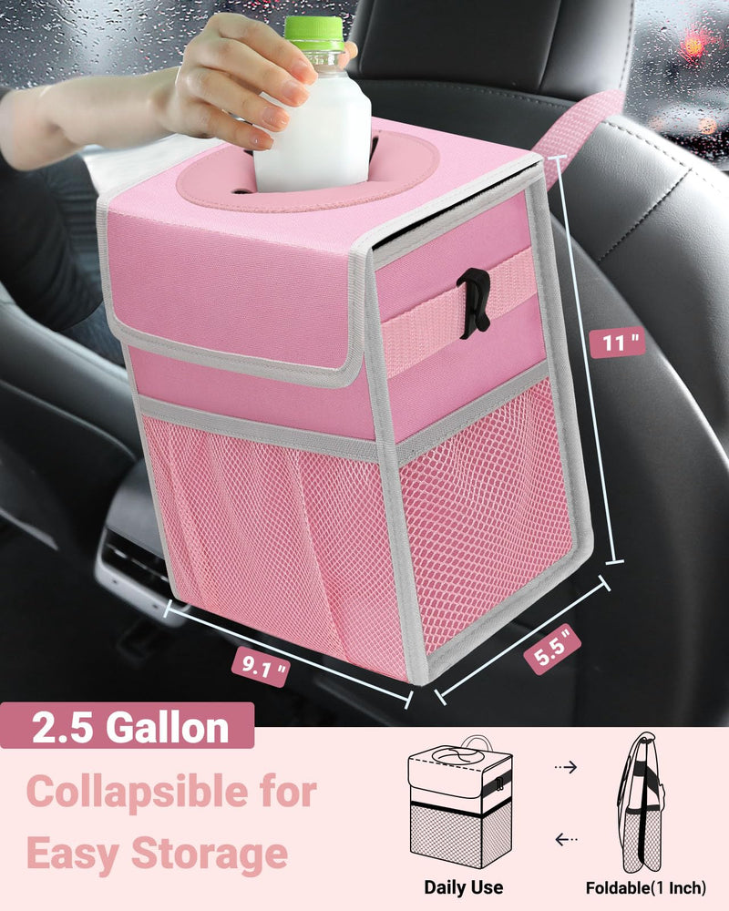 Capolo Car Trash Can with Lid, Leakproof Car Trash Bag Hanging Waterproof Automotive Garbage Can with Storage Pockets Mini Vehicle Trash Bin for Back/Front Seat(Pink,2.5 Gallon) 2.5 Gallons Pink