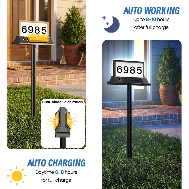 Solar Address Sign for House Numbers – Dual-Sided LED & Dual-Sided Solar Panels, 3 Color Modes, IP65 Waterproof Address Plaque, Strong Magnetic/Stake/Wall Mount, Dusk-to-Dawn for Mailbox Yard Driveway 1 Pack 3000/4000/6000K