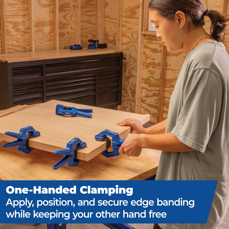 Kreg Edge Band Spring Clamp - One-Handed Edge Banding Clamp with Stretch Band - Non-Marring with Pivoting Jaws for Uniform Pressure Glue-Ups - For Cabinetry, Trim & More - Set of 4