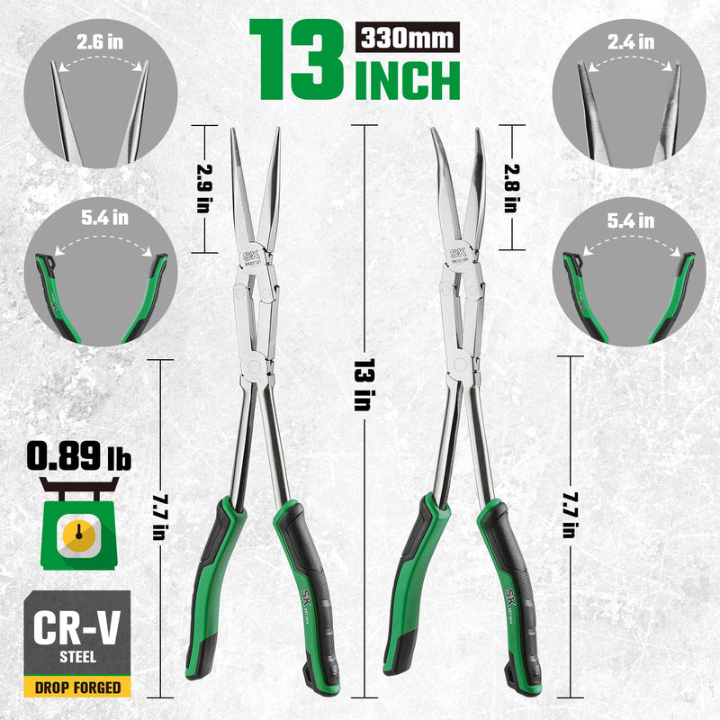 SK 2-Piece Double Compound Long Reach Pliers Set, 13-Inch Straight Long Nose Pliers, 45° Bent Nose, with Comfort Grips, Premium CR-V Steel Construction