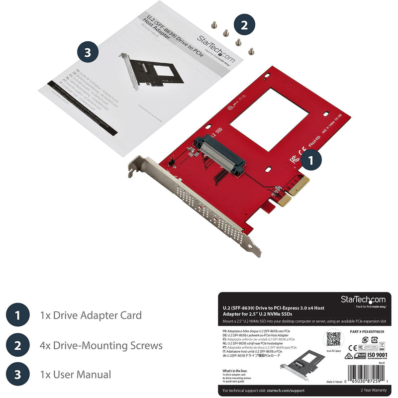 StarTech.com U.2 to PCIe Adapter - x4 PCIe - For 2.5" U.2 NVMe SSD - SFF-8639 PCIe Adapter - U.2 SSD - PCIe SSD - U.2 drive (PEX4SFF8639)