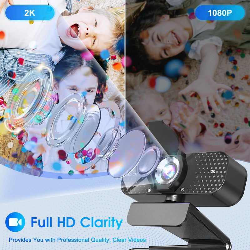TRAUSI 2K Full HD Webcam with Auto Light Correction, Noise-Canceling Mic, Privacy Cover and Wide Angle Lens, Plug & Play USB Camera for Desktop/Laptop/Mac/PC, Compatible with Teams/Zoom/Streaming Jet Black