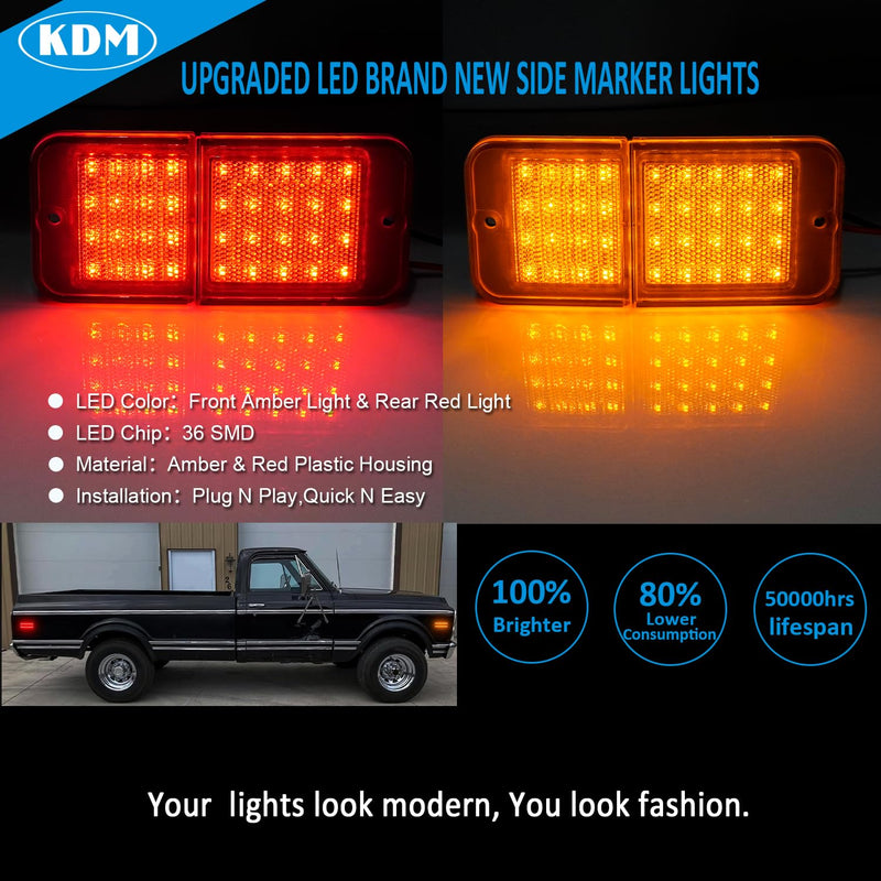 KDM LED Bumper Side Marker Reflectors Lights,Fit for 1968-1972 Chevy GMC C10 C20 C30 K10 K20 K30 C1500 C2500 C3500 K1500 K2500 K3500 Blazer,Front & Rear Side Marker Lights,Amber & Red Lens 4Pack Amber & Red Len