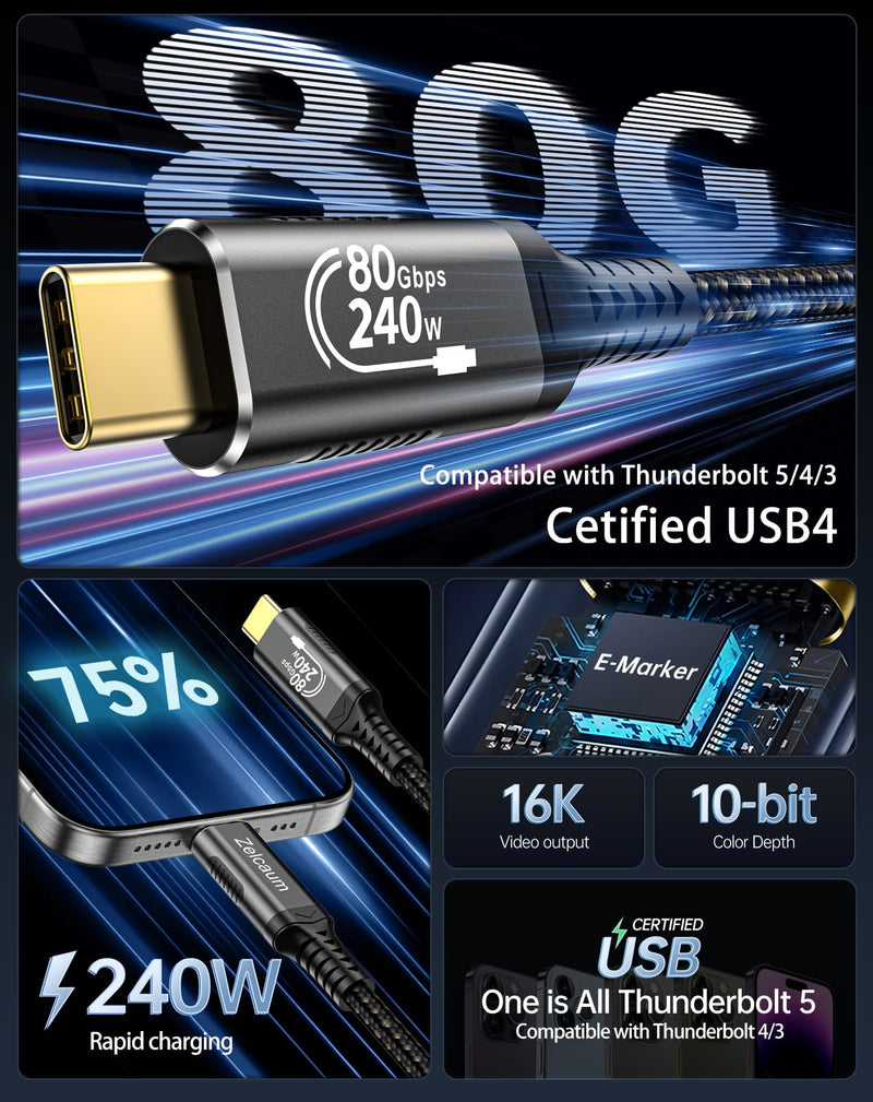USB C Thunderbolt 5 Cable 120Gbps Bandwidth, 80Gbps Date, 16K 8K 4K Video Sync Display, 240W Fast Charging, Fully Compatible with Thunderbolt 4/3, Type USB-C, USB4 / Gen4 Devices 10FT Male to Male