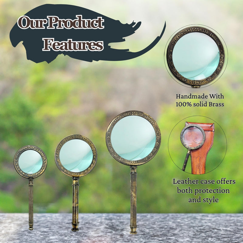 Large 10x Brass Magnifying Glass by The Magic Bella – Antique Henry London Engraved Solid Brass Magnifier with Optical Lens, Vintage Marine Style, Leather Case for Reading & Coins Large
