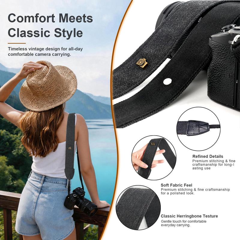 Camera Strap, Adjustable Neck & Shoulder Strap with Quick Release Buckles | Comfortable Cotton-Feel Black Herringbone Strap with 4 Quick Release Buckles, DSLR, Mirrorless Camera & Camcorder Compatible