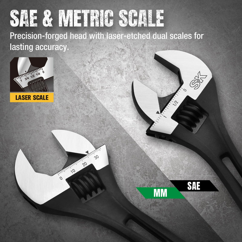 SK 10-Inch Adjustable Wrench, 2.6X ANSI Standard Strength, Heavy-Duty High-Torque, 1.31 '' Jaw Capacity, Cr-V Steel, Black Phosphate Finish, SAE & Metric Scale