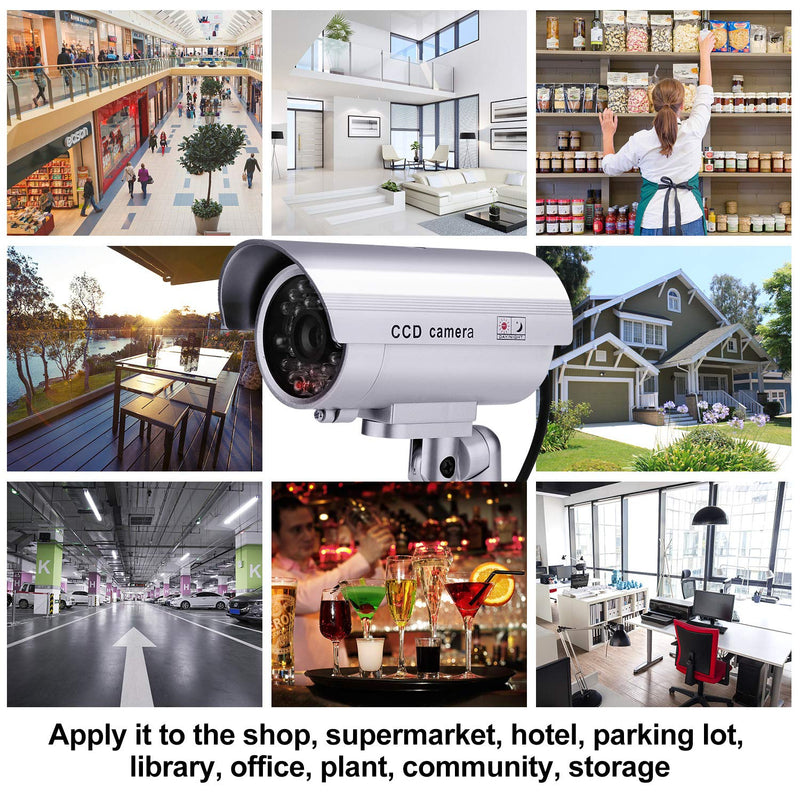 FITNATE Dummy Security Camera, 4 Packs Fake Surveillance Security CCTV Camera System with LED Red Flashing Light for Both Indoor & Outdoor Use + Security Camera Warning Stickers × 4 (Silver)
