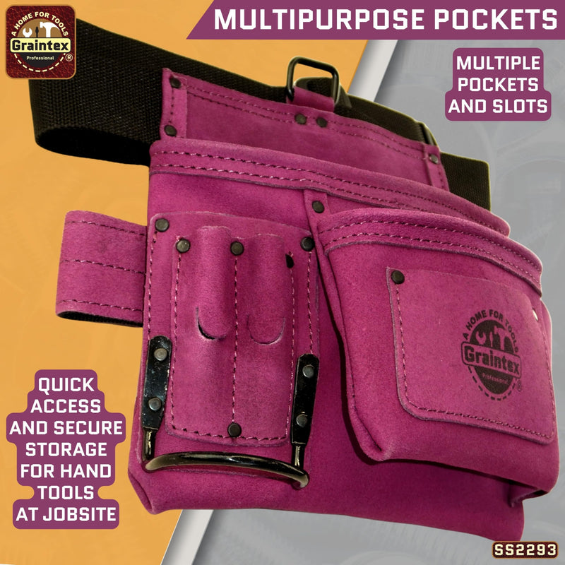 Graintex 5 Pocket Suede Leather Tool Belt/Bag | Purple | Multipurpose Leather Tool Belt for Women and Men | Construction, Electrician, Handymen, Carpenter, Gardening Pouch and DIY Projects