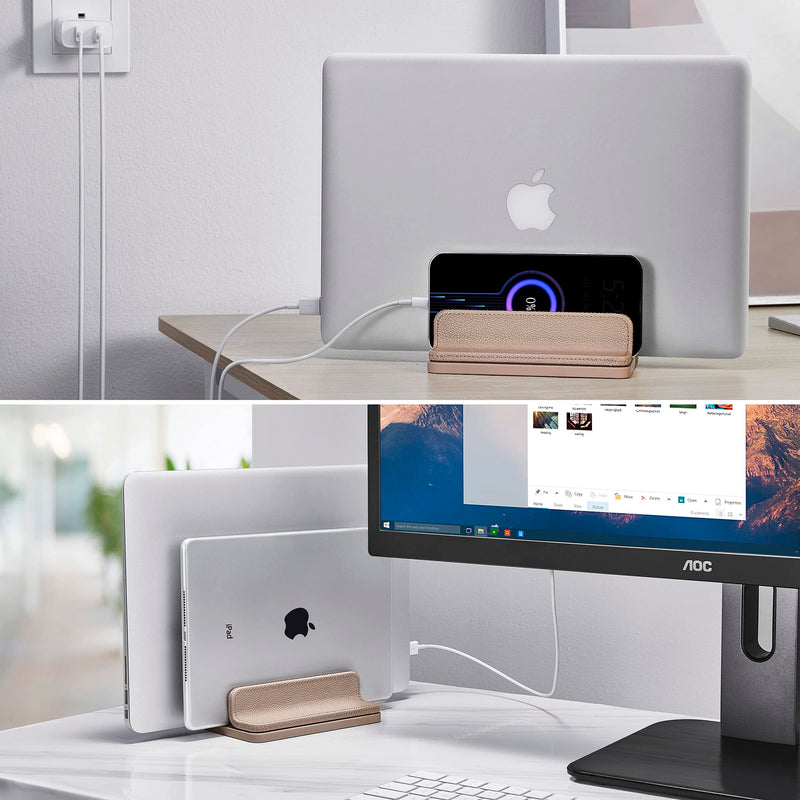 Leather Vertical Laptop Stand,Dual Laptop Holder Stand,Laptop Organizer with Adjustable Dock (18-26mm/0.7-1 in) for All MacBook/Tablet/Surface/Dell/iPad (Apricot) Apricot