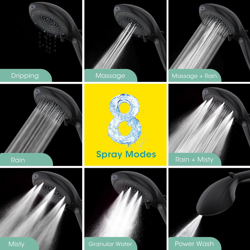 FASDUNT Filtered Shower Head with Handheld, High Pressure 8-Mode Handheld Showerhead with Filters for Hard Water -Remove Chlorine, Built-in Power Wash, 80" Long Hose & Adjustable Bracket, Black 8 Spray-Settings Matte Black