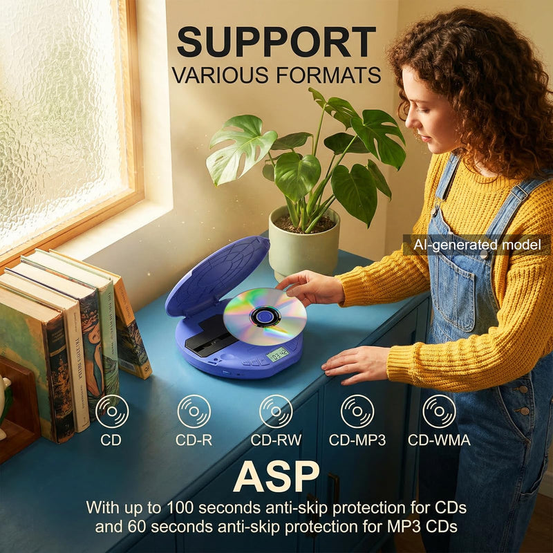 Portable CD Player with Earphones,Personal CD Discman Player | for Home Car with Anti-Skip Shockproof Protection, Small CD Player with LCD Display for Music Lovers Blue