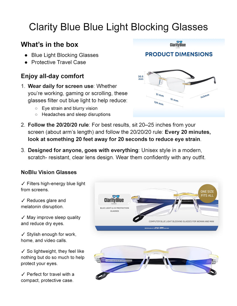 Clarity Blue Glasses for Women and Men Blue Light Blocking Glasses | Rimless Computer Screen Eyewear, Anti-Glare Slim Vision Lens, Eyeglasses, Gaming, Night Driving Use with Travel Case