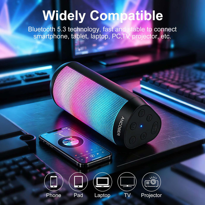 Portable Bluetooth Speaker Powerful HD Loud Sound, LED Lights, IPX4 Wateproof, 24H Playtime, Wireless TWS Pairing, Built-in Mic, for Home/Outdoor/Party, Cool Electronics, Birthday Gifts for Men Women Black