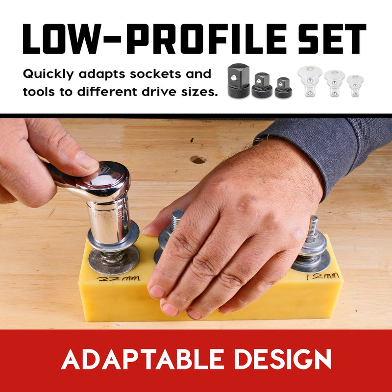 Powerbuilt 6 Piece Wrench Wobble Adapter and Low Profile Socket Adapter Set, Sockets to Combination Wrench, Interchangeable 1/4 Inch, 3/8 Inch, 1/2 Inch Drive, Designed to Fit Tight Spaces - 643050ECE 6 Piece Low Profile