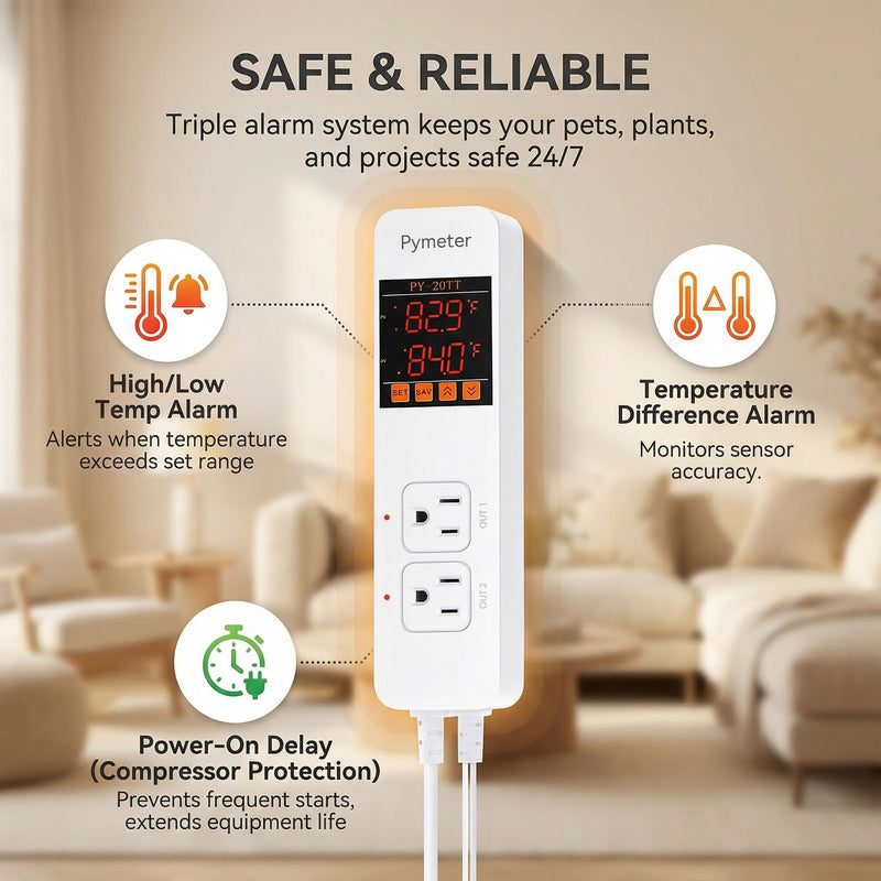 Digital Temperature Controller Dual Probe Reptile Thermostat Controlled Outlet for Terrarium Heat Mat Heating Pad, Switch Cooling Fan Freezer Fridge ON & Off at Setpoints 10A 1200W PY-20TT-10A