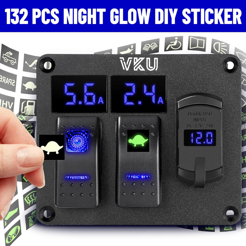 2 Gang Rocker Switch Panel with Ammeter and Voltmeter 4.8A Dual USB Charger Socket 12V 24V DC Aluminum Switches Panel 5Pin ON Off Switch for RV Cars Marine Boats ATVs Trailers 2 Gang with Dual USB Charger