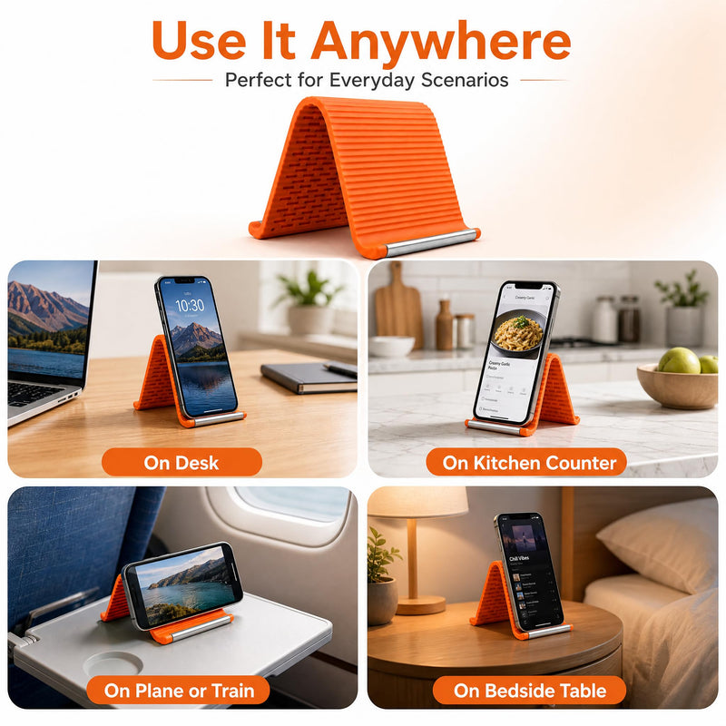 2PCS Flexible Silicone Phone Holder, Foldable Aluminum Phone Stand | Bendable Core Foldable Rollable Phone Holder - Flexible iPhone Stand for Long Travel Accessories - Plane Essentials (Orange) Orange