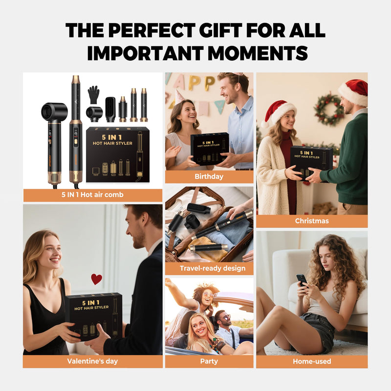 OKWRAP Airbrush 5 in 1 Airstyler 5 in 1 LCD Hair Styler | AirStyler Set Multi-Blow Dryer Brush Set with Curl, Straighten, Wavy, Smooth, Magic Styler for All Hair Types and Lengths Black