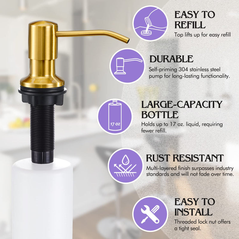 Soap Dispenser for Kitchen Sink Brushed Gold, Built in Stainless Steel Kitchen Soap Dispenser, Refill from The Top,in Counter Kitchen Sink Soap