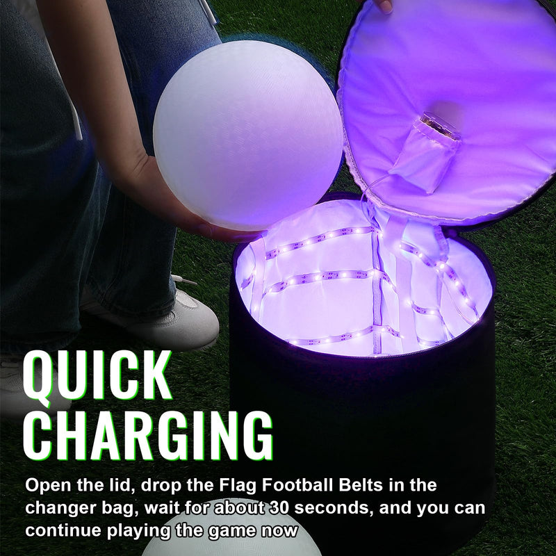 Hiboom 6 Pcs Glow in The Dark Flag Football Belts with UV Light Quick Charger Bag, Adjustable Belt Set for Playground Backyard Camping Yard Game Outdoor in The Dark Games Party Accessories