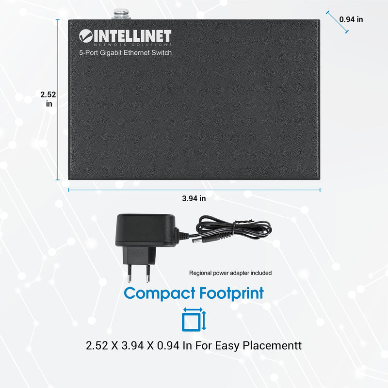 Intellinet 5-Port Gigabit Ethernet Network Switch, Ethernet Splitter - Unmanaged | Plug & Play | Auto Traffic Optimization | Fanless Metal Housing - for Computer Networking Hub, Desktop – 530378