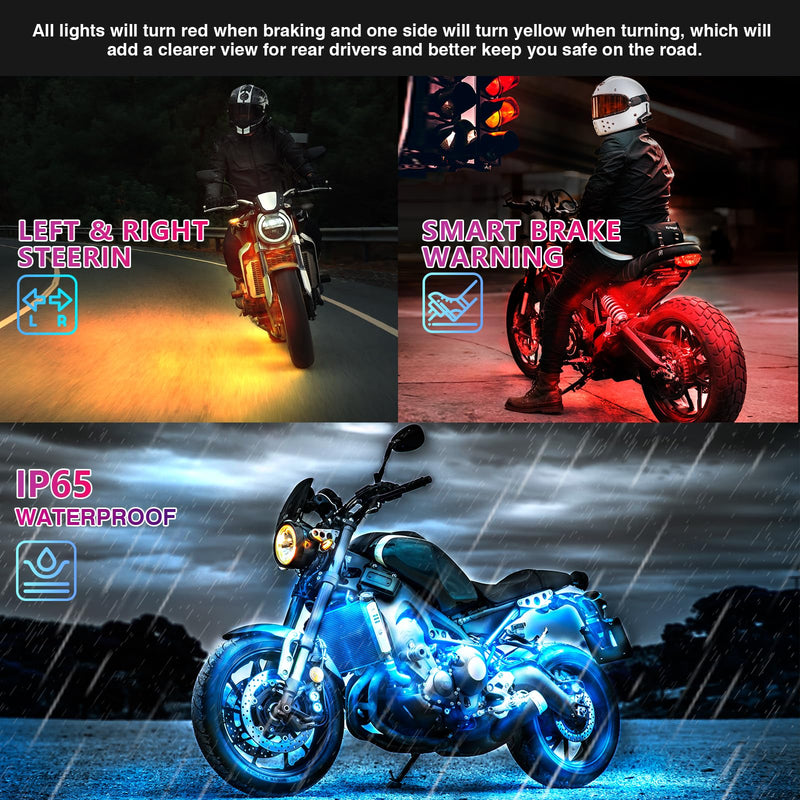 8Pods Motorcycle LED Lights Kits with Brake Turn Signal, Motorcycle LED Underglow kit with APP/RF Remote Control, Dual Zone RGB Neon Strips Multicolor 12v Waterproof for Harley Honda Kawasaki Yamaha 8Pods Kits