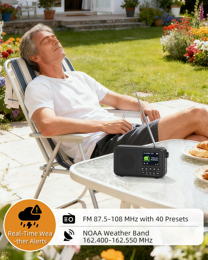Mesqool FM Radio, Portable Radio with Bluetooth & NOAA Weather Alert | Auto Scan, 40 Presets, 8W Sound, 2.4" Color Display, USB-C Charging, microSD Playback, Dual Alarms, Sleep Timer, 6 EQ Modes Black